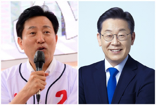 오세훈(왼쪽) 국민의힘 서울시장 후보와 이재명 더불어민주당 인천 계양을 보궐선거 후보. <민주당 제공, 연합뉴스>